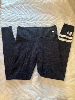 PINK Victoria's Secret Dark Navy Heather Leggings with White Logo Stripes